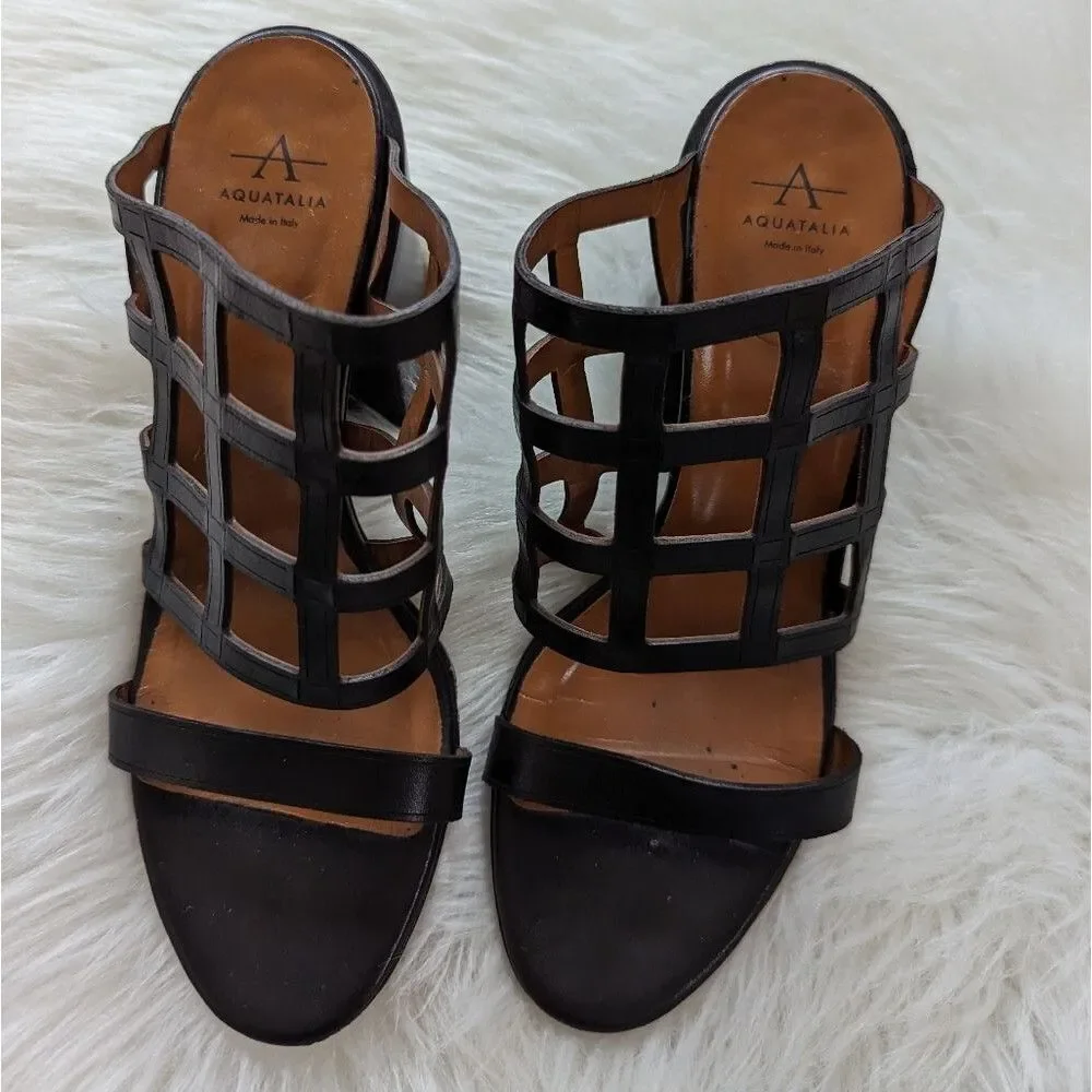 Aquatalia Black Leather Grid Slip On Heels 7.5